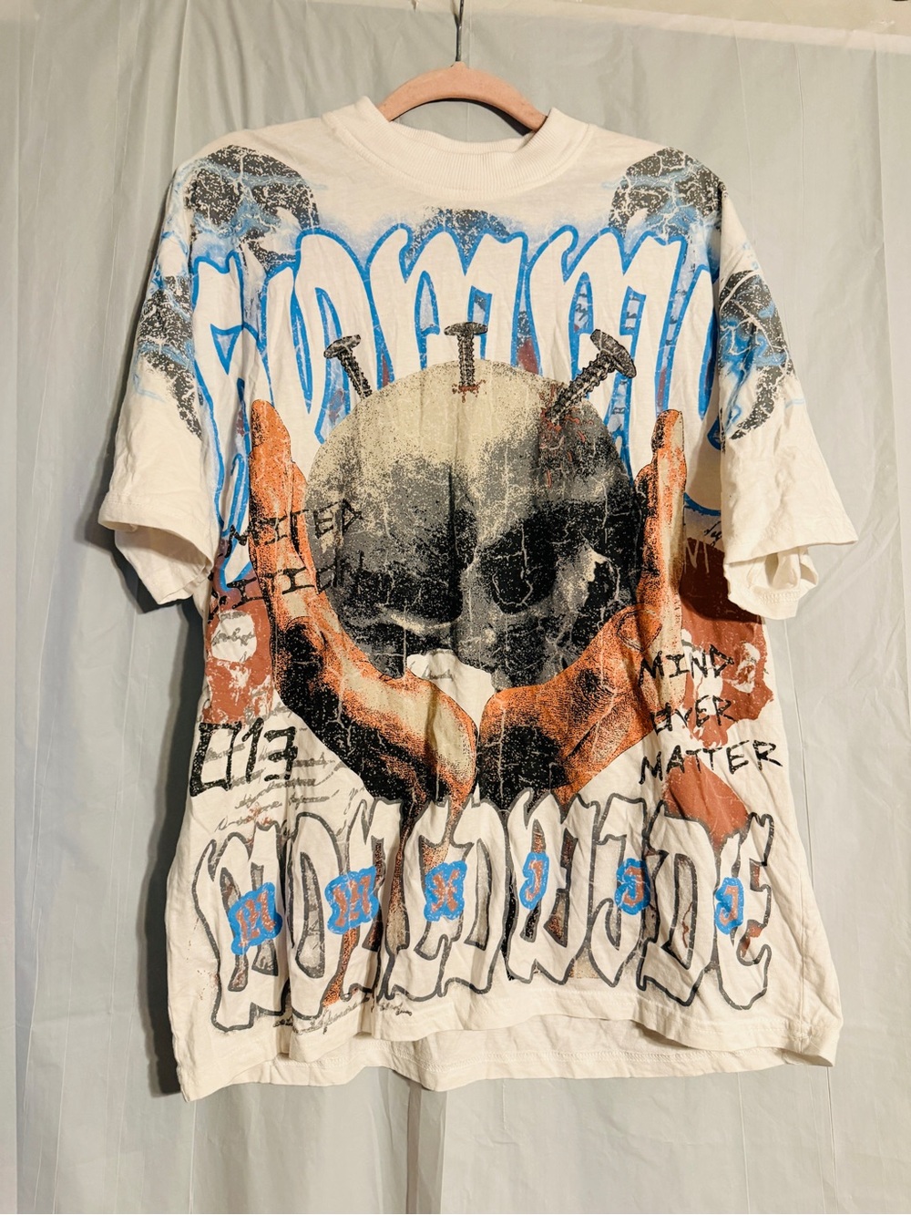 boohooMAN Men’s M Oversized Skull Graphic T-Shirt Cream Y2K Grunge Streetwear